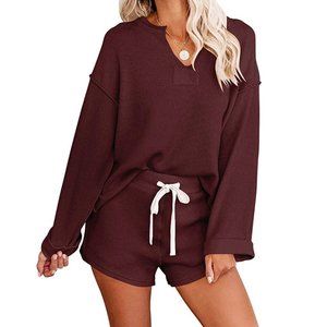 Red Wine Lounge Set | V-neck Henley and Shorts Set